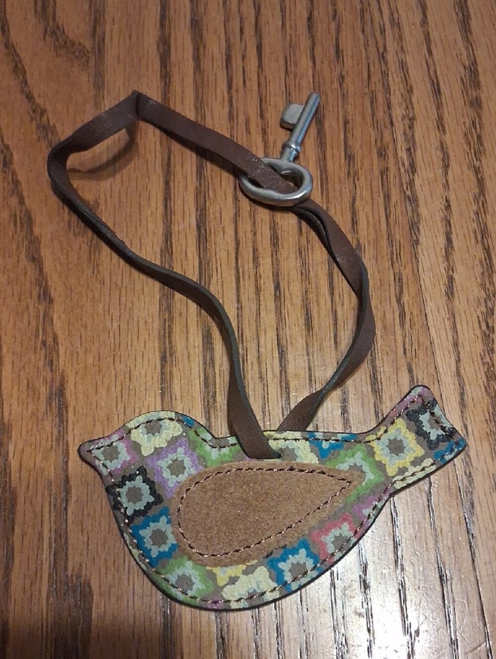 Vintage Fossil Multicolor Patterned Bird Bag Charm with Brown Leather Strap - Picture 2 of 4